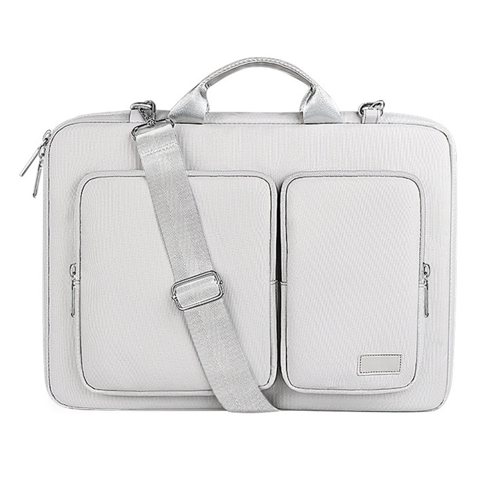 Geanta de umar pentru laptop din poliester, subtire, compatibil 15–16 inch, doua buzunare frontale, curea detasabila si maner, gri deschis