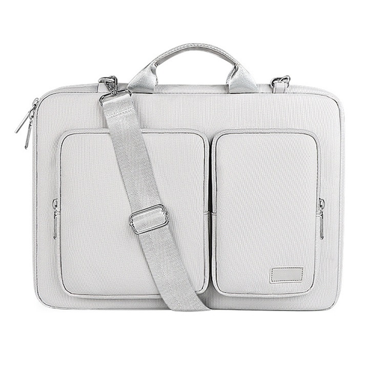 Geanta de umar pentru laptop din poliester, subtire, compatibil 15–16 inch, doua buzunare frontale, curea detasabila si maner, gri deschis