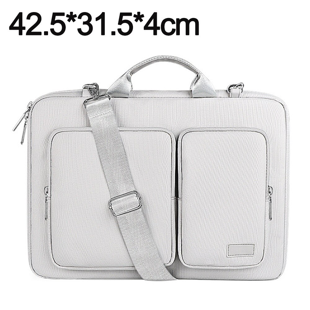Geanta de umar pentru laptop din poliester, subtire, compatibil 15–16 inch, doua buzunare frontale, curea detasabila si maner, gri deschis