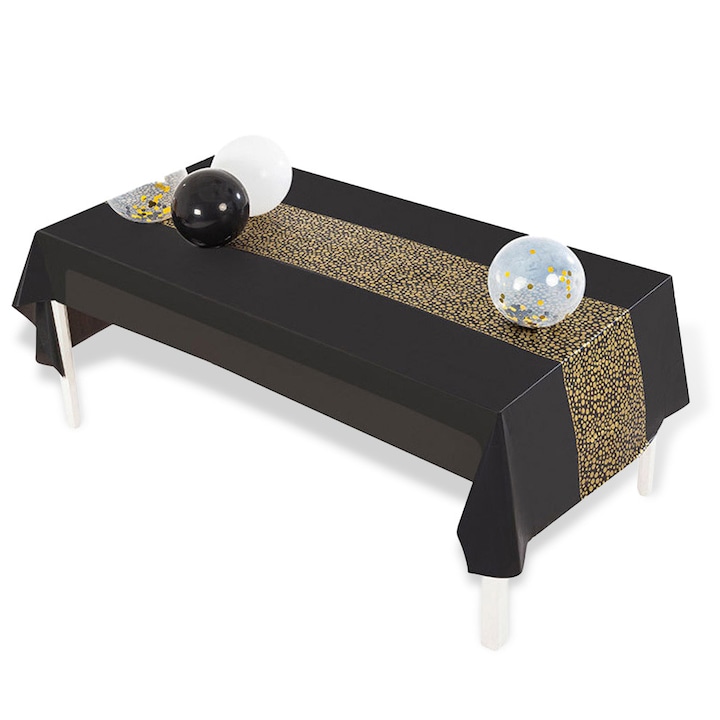Carmdering EMAGFP-BST3015691-1-A műanyag asztalterítő, 3 darabos szett, eldobható, vízálló, arany pöttyökkel, fekete/arany, 137 x 274 cm (54 x 108 in)