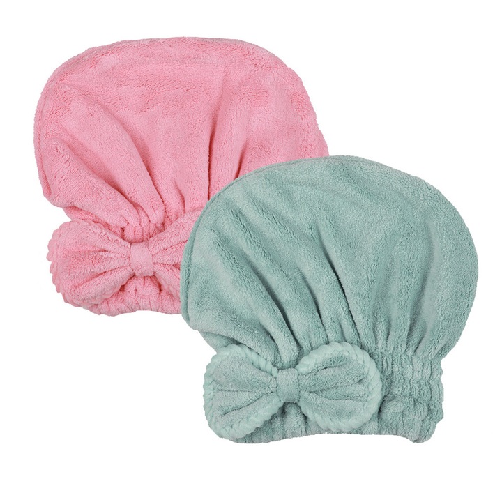ZYBLSSBB, boneta pentru uscat par din microfibra cu funda, set 2 buc., roz/verde menta, marime unica