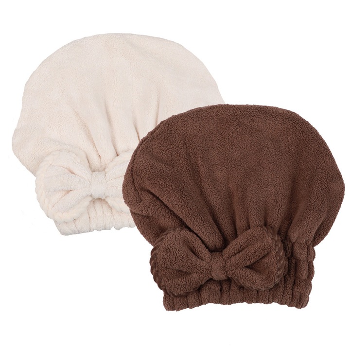 ZYBLSSBB, Set turbane pentru uscat parul din microfibra superabsorbant cu funda – 2 bucati, crem si maro