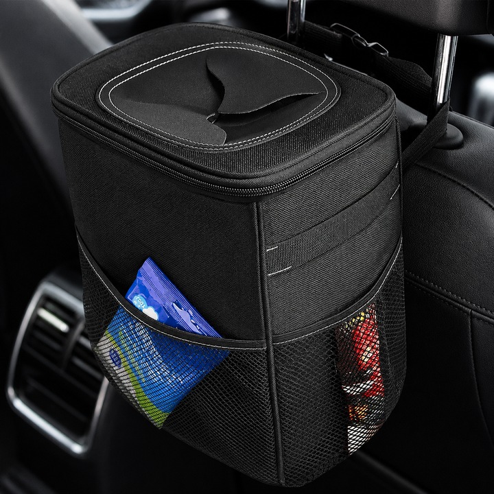 NextWave® autós szemetes, összecsukható és vízálló, 7,6 L kapacitás, állítható pánt fejtámlához vagy konzolhoz, 4 mágneses patent a zsák rögzítéséhez, külső tárolózsebek, kompakt szivárgásmentes kialakítás, fekete