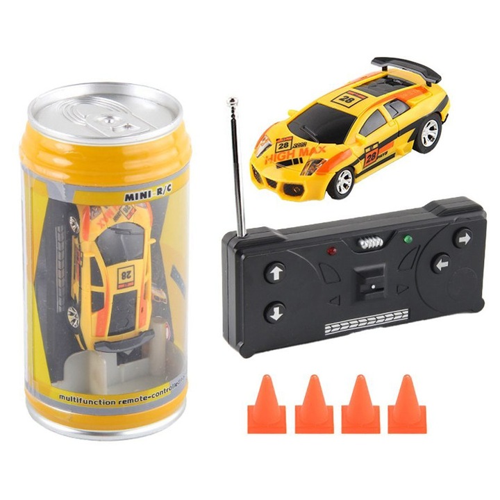 RC mini sárga autó, LED, 7x3x2cm, szett 4 akadállyal