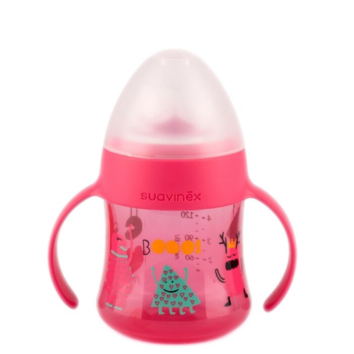 Cana anticurgere cu manere si cioc de silicon roz 150 ml +4 luni