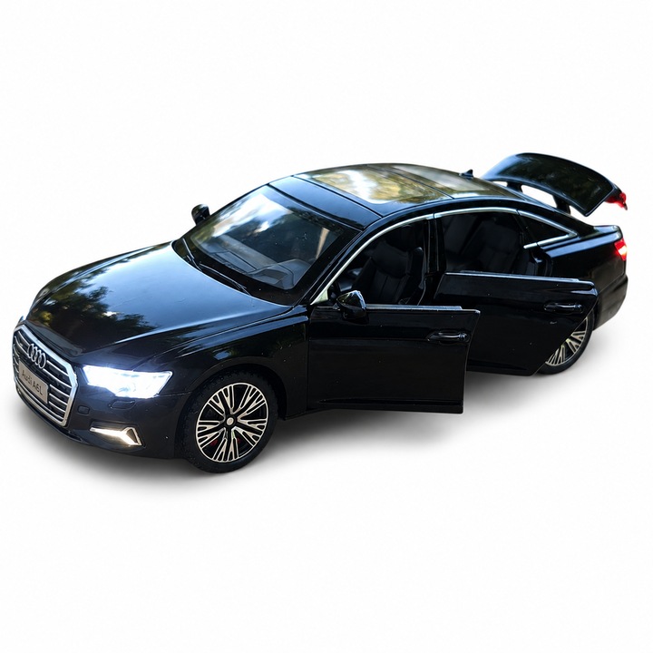 Fém autómodell Audi A6L, 1:32 méretarányú, nyitható ajtókkal, motorháztetővel és csomagtartóval, pull-back funkcióval, fényekkel és hangokkal, Fekete