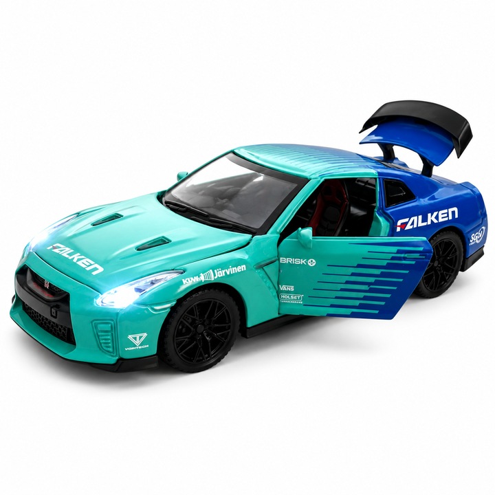 Fém autó Nissan GT-R R35, 1:32 méretarány, nyitható ajtókkal és visszahúzós funkcióval, Kék
