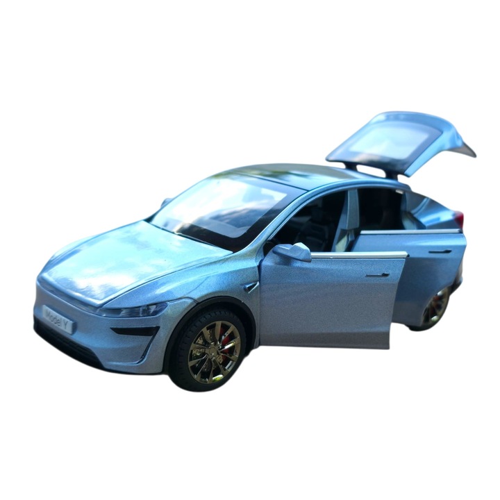 Fém Tesla Model Y kisautó, 1:32 méretarányú, fényekkel, hangokkal és visszahúzós funkcióval, kék