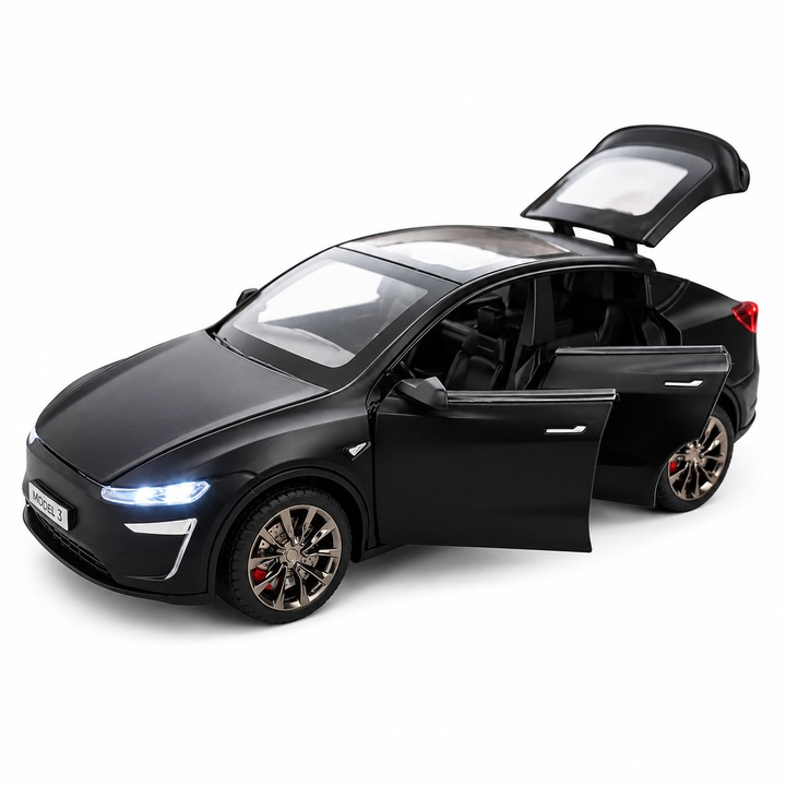 Fém Tesla Model Y kisautó, 1:32 méretarányú, fényekkel, hangokkal és visszahúzható funkcióval, Fekete