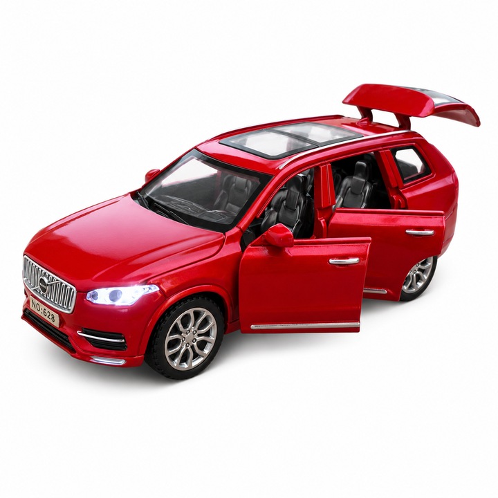 Fém autó Volvo XC90, 1:32 méretarányú, fényekkel, hangokkal és pull-back funkcióval, Piros, 3+ Év