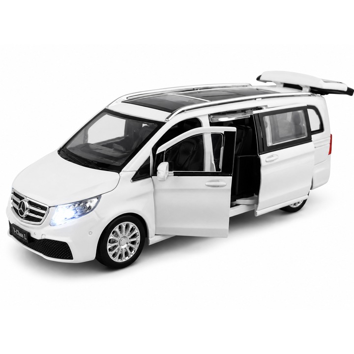 Fém autó Mercedes-Benz V-Class Fehér, 1:24 méretarányú, fényekkel, hangokkal és működő ajtókkal