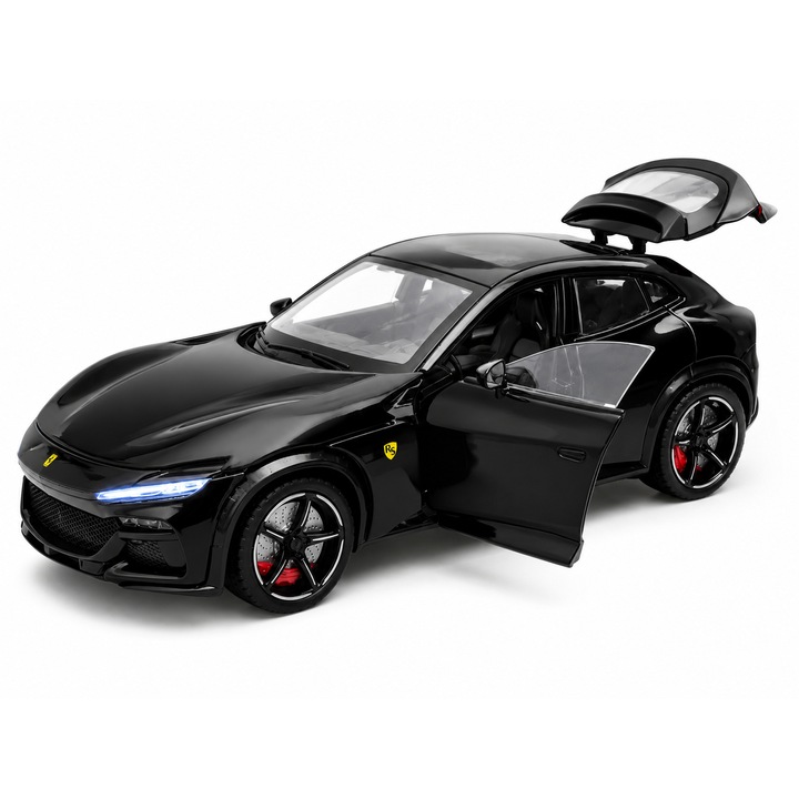 Fém autó Ferrari Purosangue Fekete, 1:22 méretarány, fényekkel, hangokkal és funkcionális ajtókkal, 6+ év