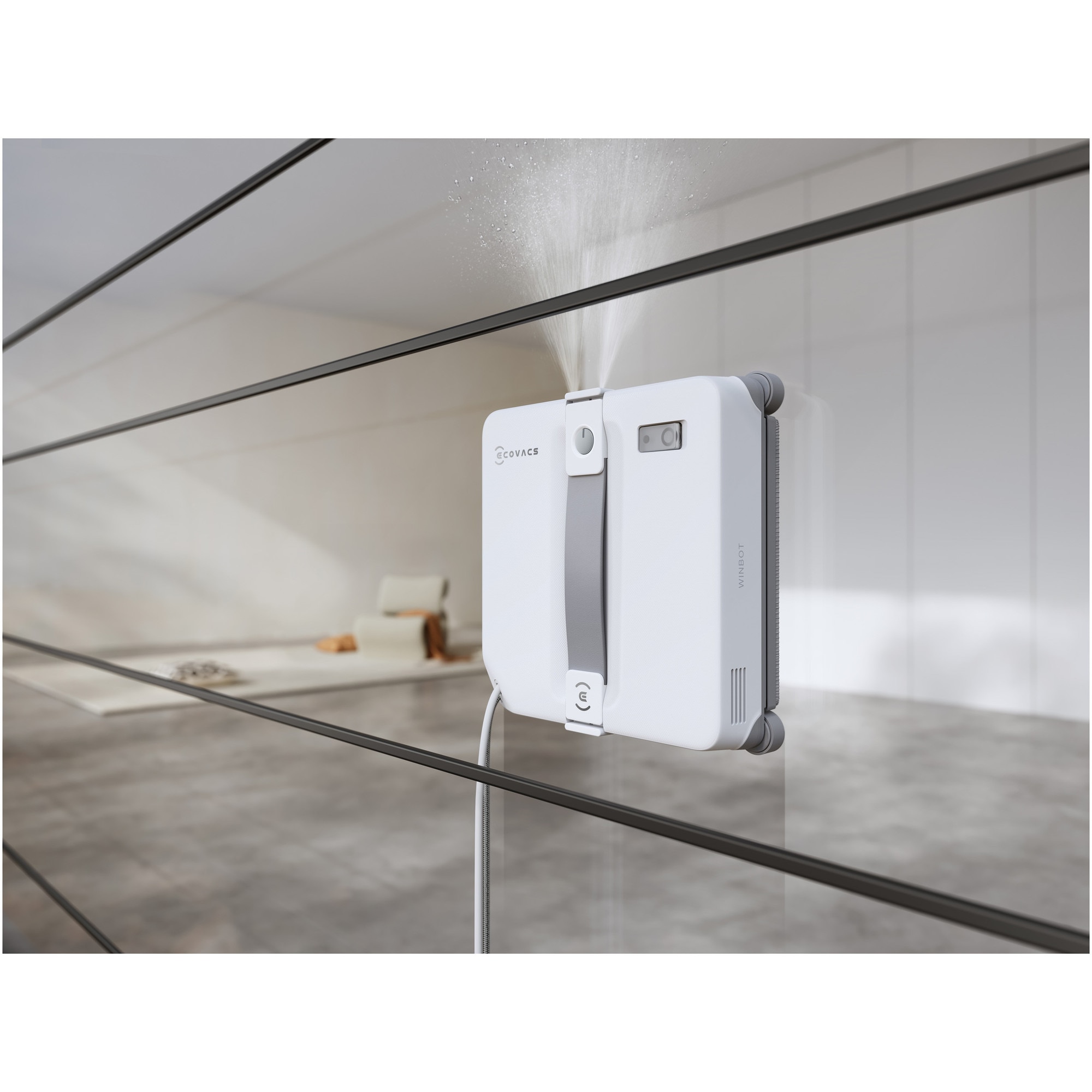 Robot de curatat geamuri WINBOT MINI 2 Ecovacs, tehnologie WIN-SLAM 4.0, putere de aspirare 3200 Pa, pad microfibra, rezervor 60ml, 4 moduri de curatare, alb/gri