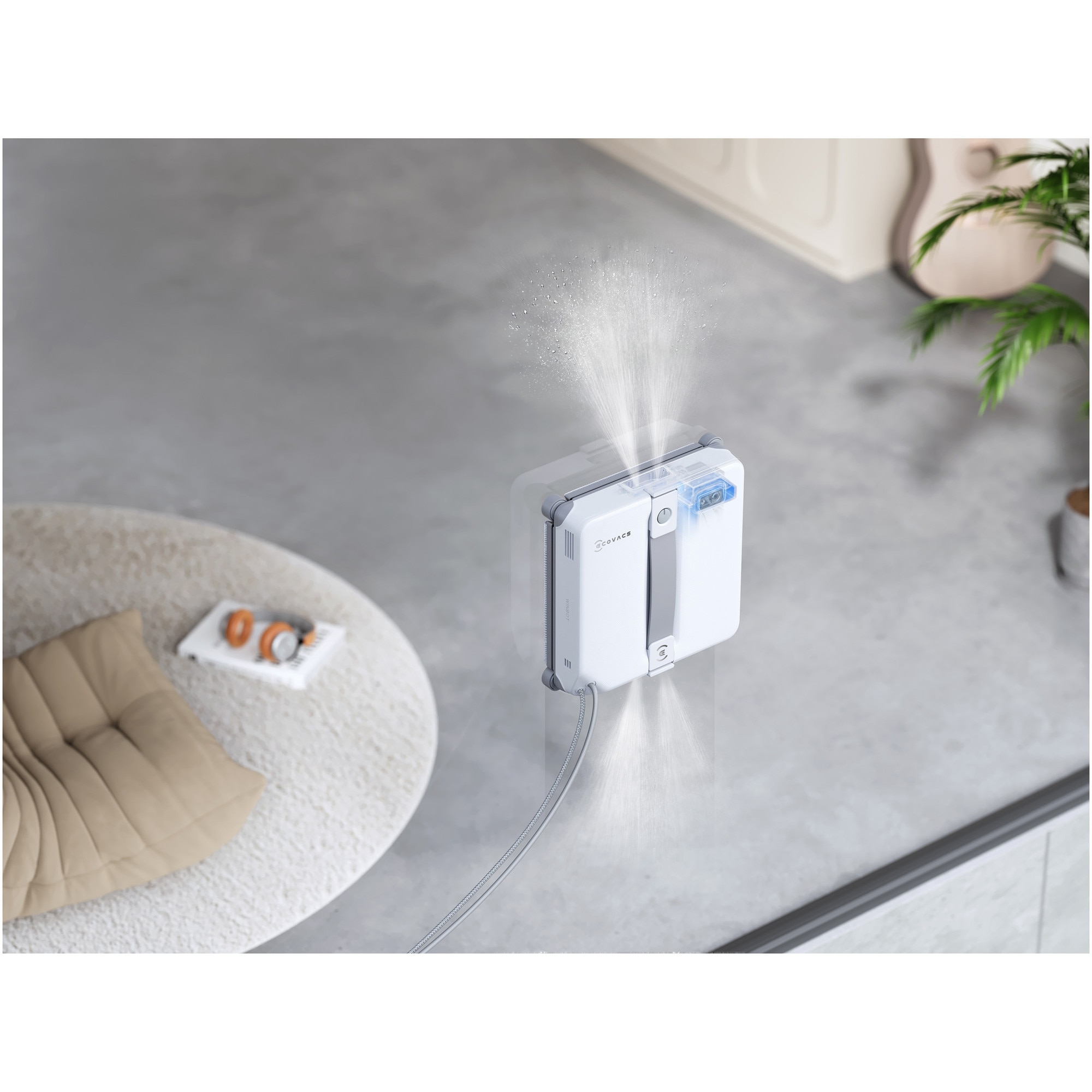 Robot de curatat geamuri WINBOT MINI 2 Ecovacs, tehnologie WIN-SLAM 4.0, putere de aspirare 3200 Pa, pad microfibra, rezervor 60ml, 4 moduri de curatare, alb/gri