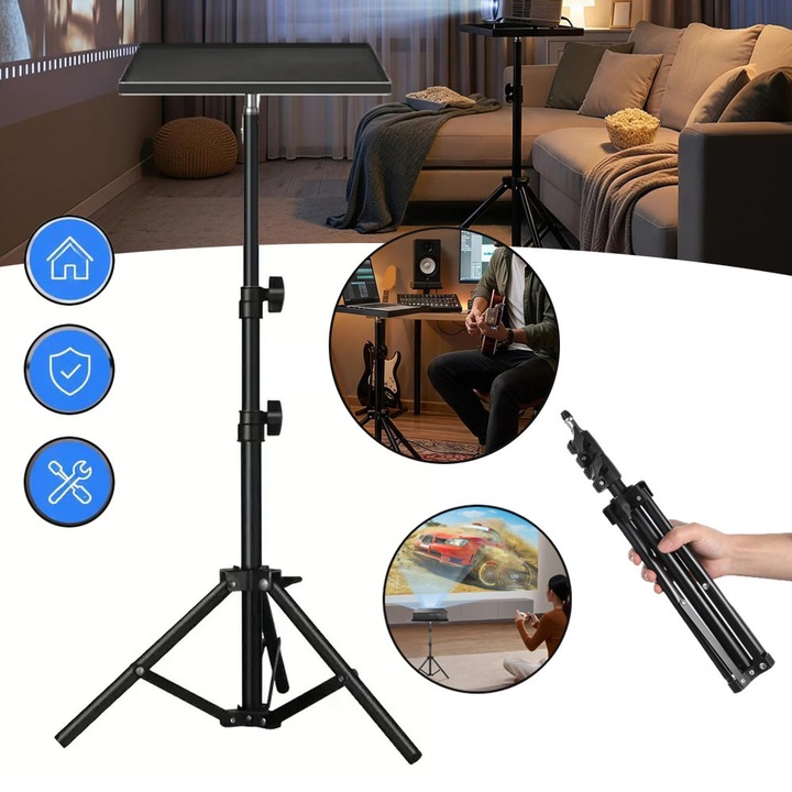 Projektor Állvány, Hordozható Projektor Tartó Tálcával, Állítható Magasságú és Szögű, Laptop Tartó, Padlóállvány Házimozihoz, Irodába, Stúdióba, Tanterembe és Otthonra