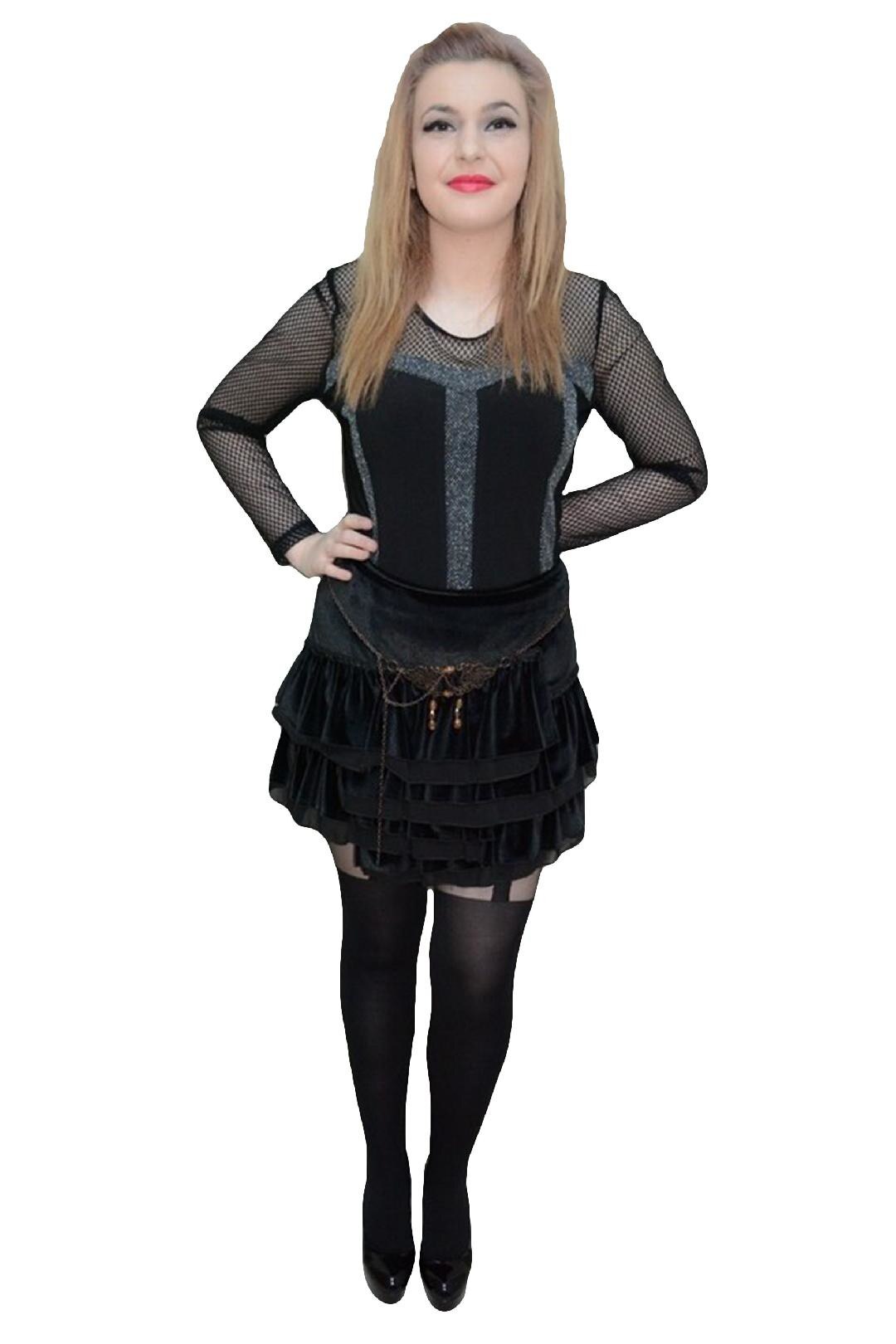 Fusta cu volanase, detaliu auriu vintage,D&J Exclusive, Negru