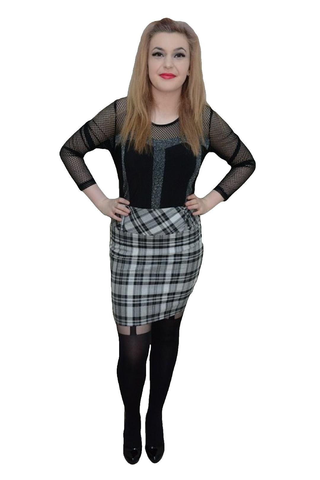 Fusta tinereasca, mini, in carouri marunte, D&J Exclusive, Gri