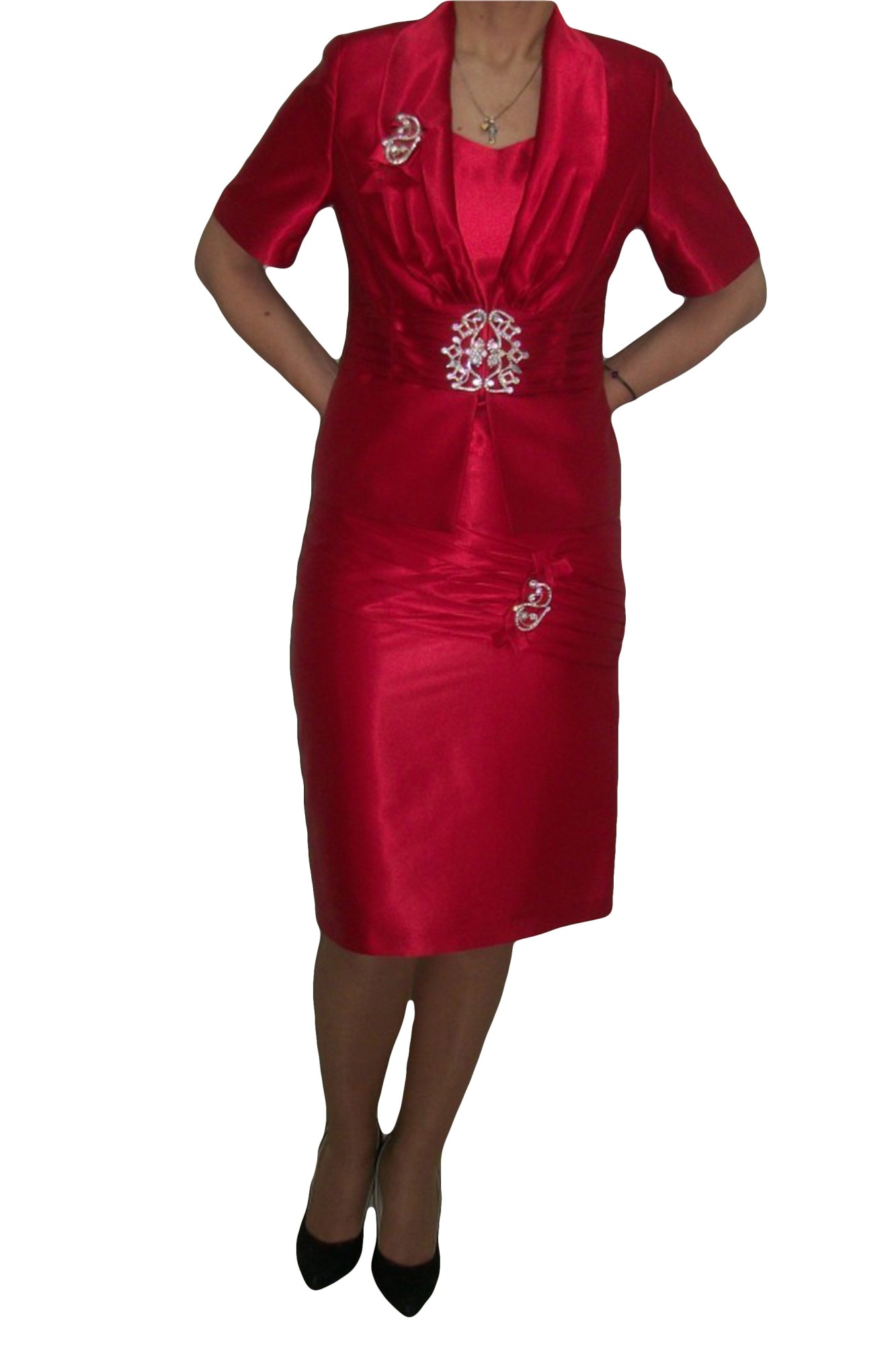 Costum elegant cu fusta scurta, din saten cu insertii argintii, D&J Exclusive, Rosu