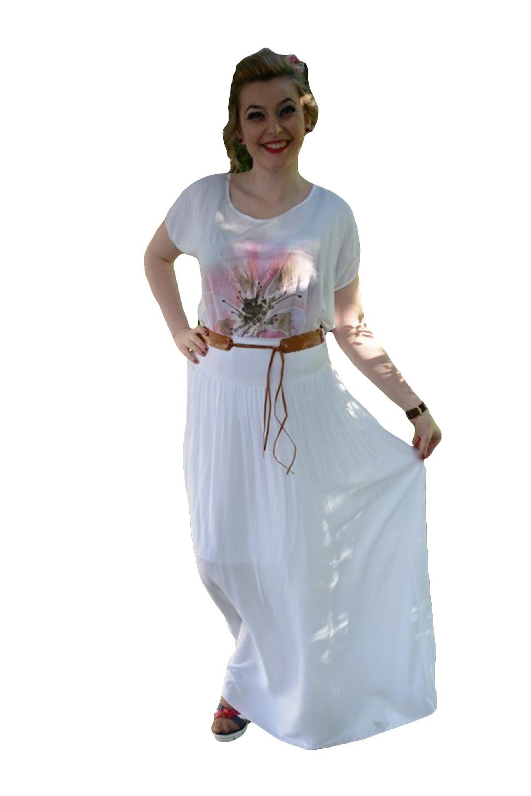 Fusta Ava lunga din tricot , insertii de dantela,D&J Exclusive, Alb