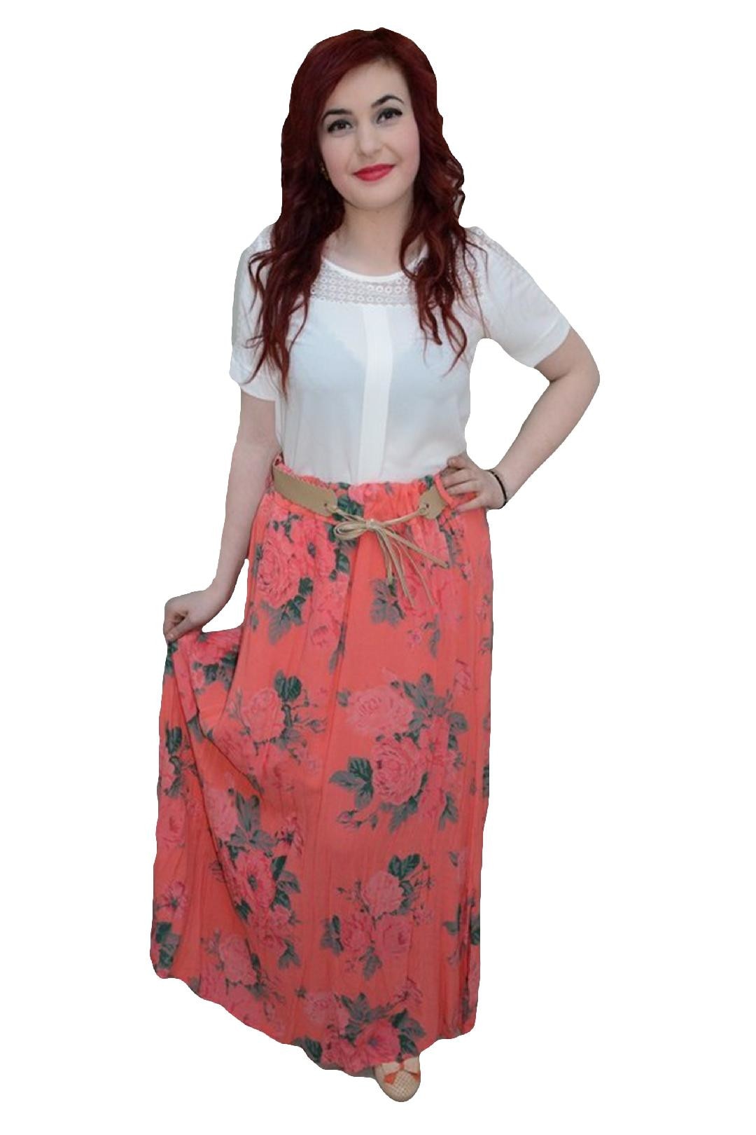 Fusta de vara, imprimeu cu motive florale, D&J Exclusive, Corai