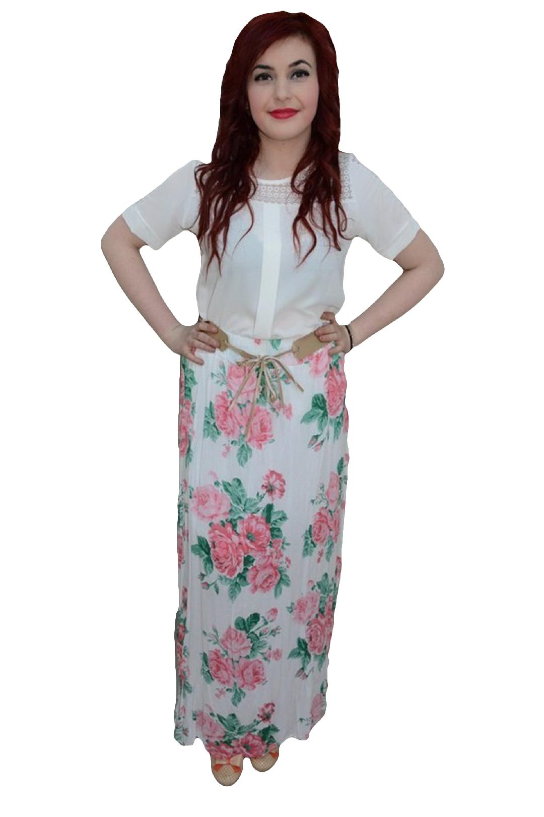 Fusta de vara, imprimeu cu motive florale, D&J Exclusive,, Alb