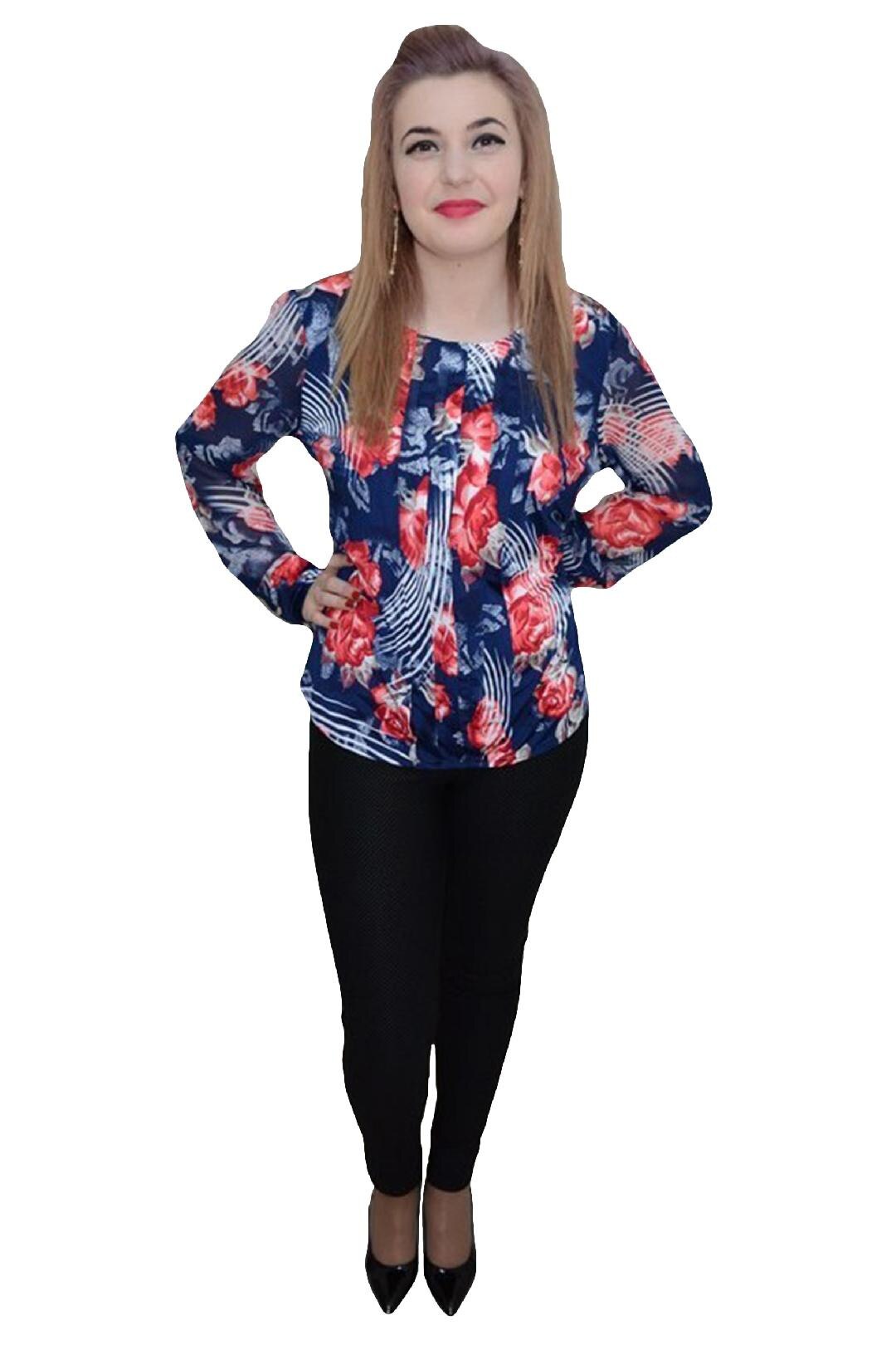 Bluza chic cu imprimeu floral, D&J Exclusive, Bleumarin/Rosu