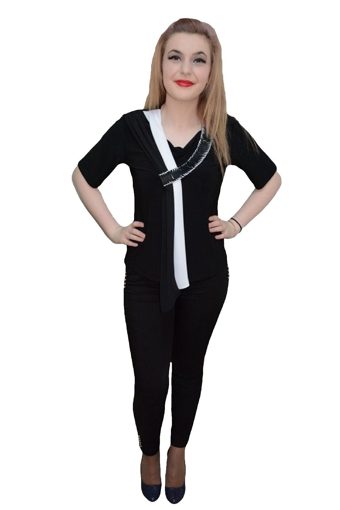 Bluza de ocazie cu guler tip sal bicolor, D&J Exclusive, Negru