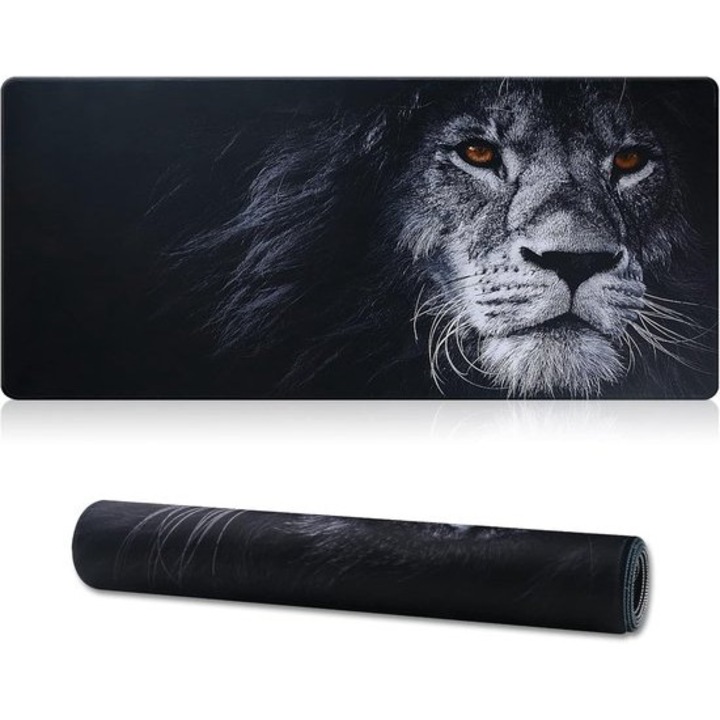 Mousepad pentru gaming K0443-emagCJ-5913, extra mare 90 x 40 cm, 2 mm, margine cusuta, baza antiderapanta din cauciuc, negru/gri (lion print)