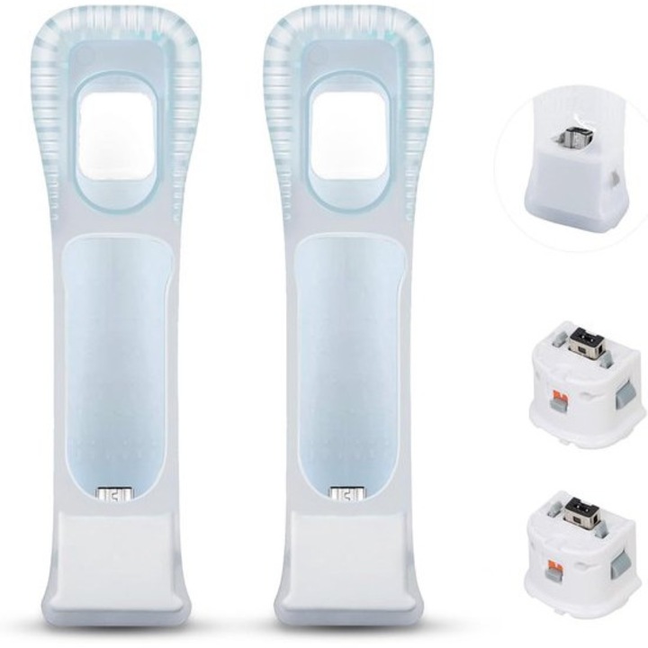 Калъф за дистанционно Wii K0443-emagCJ-9640, със съвместим адаптер MotionPlus, ABS, бял/прозрачен, комплект 2 бр