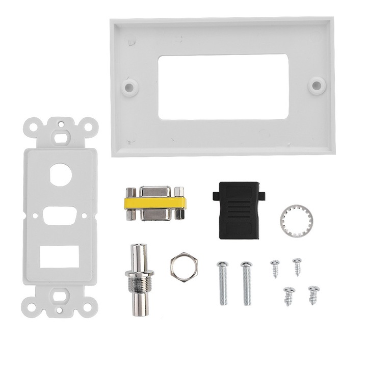 Priza panou multimedia 3 in 1 0803BM-BSTY00944210, HDMI 1.4 + VGA + mufa DC 3,5 mm, ABS ignifug, alb, 11.5 x 7 cm, set cu capace si suruburi