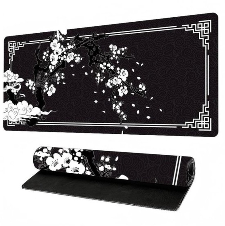 Mousepad gaming XXL 800 x 300 x 5 mm, cusaturi intarite, rezistent la apa, baza antiderapanta, negru/alb, K0443-emagCJ-6051