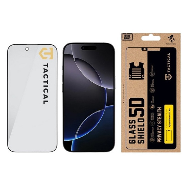 Tactical glass shield privacy stealth 5d képernyővédő üveg, 5d, 0.33mm, 9h, betekintés védelem, fekete, kompatibilis: iPhone Air