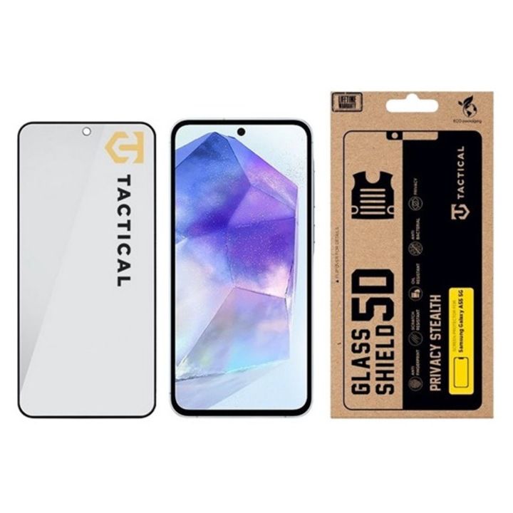 Tactical glass shield privacy stealth 5d képernyővédő üveg, 5d, 0.33mm, 9h, betekintés védelem, fekete, kompatibilis: Samsung A55 5G