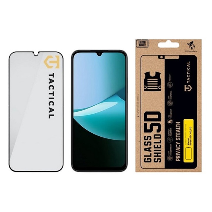 Tactical glass shield privacy stealth 5d képernyővédő üveg, 5d, 0.33mm, 9h, betekintés védelem, fekete, kompatibilis: Redmi 15C 5G / 15C 4G