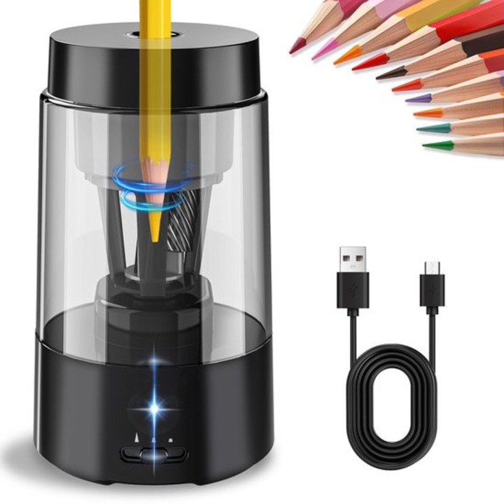 Електрическа острилка за моливи K0443-emagCJ-9451, презареждаема 1800mAh, 3 режима на заточване, Type-C, против блокиране, прозрачен контейнер за отпадъци, черна