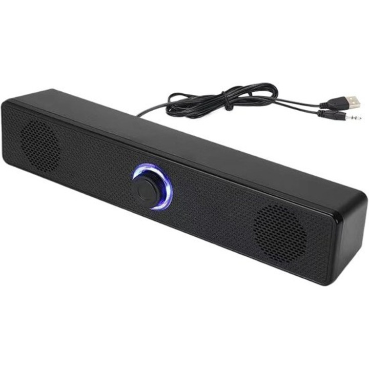 Soundbar portabil K0443-emagCJ-10294, wireless/Bluetooth si AUX, alimentare USB, bas puternic, negru, 29.7 cm