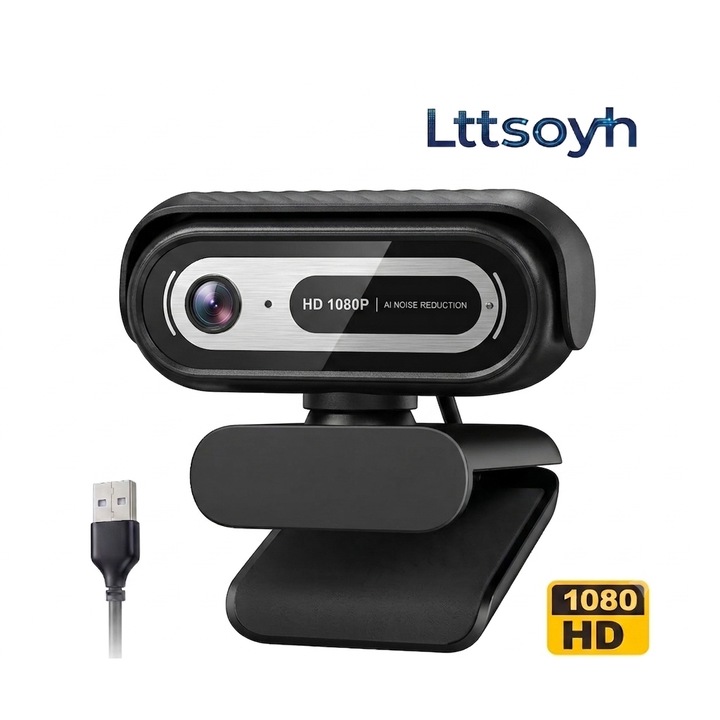 Уеб камера Lttsoyh®, Уеб камера 1080P Full-HD, Капак за поверителност, Въртене на 360°, Вграден двоен микрофон с намаляване на шума, Автоматична корекция на светлината, Свързване към компютър/лаптоп USB Plug & Play, Черна