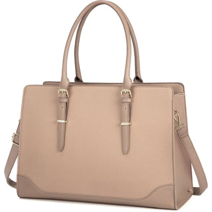 Geanta pentru laptop din PU cu 2 manere si banderola reglabila, pentru laptop 15,6" model K0443-emagCJ-9372, khaki, 40 x 30 x 10 cm