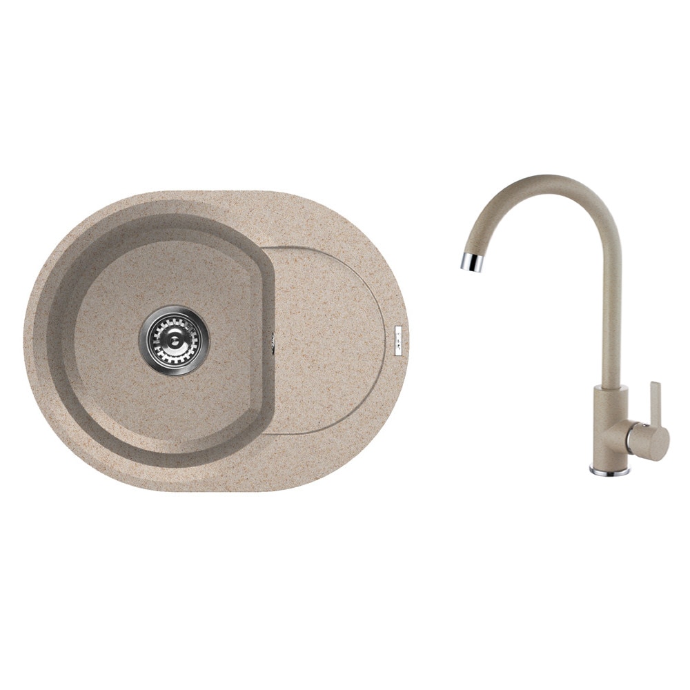 Set chiuveta granit Elleci Easy Round 600, 600 x 470 mm, adancime 200 mm, cuva reversibila + Baterie Elleci C01, cartus ceramic, Avena