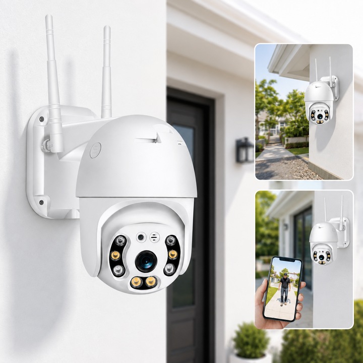WiFi камера за наблюдение XPQKDC® 1080P, IP външна, въртене 355°/90°, автоматично проследяване, разпознаване на хора, периметрова аларма, ONVIF, двупосочно аудио, вграден високоговорител