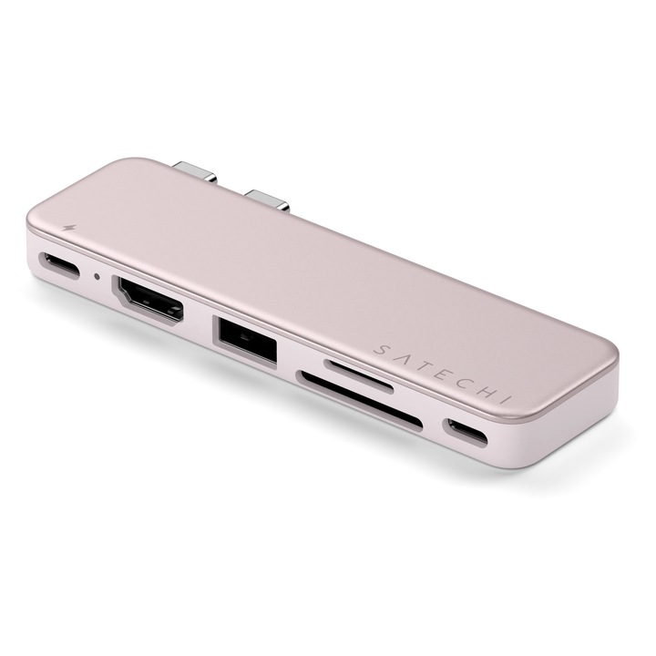 Докинг станция Satechi USB-C Snap Hub 6-в-2, 45 W PD, 4K HDMI при 60 Hz, два USB-C порта, четец на SD/microSD карти и портове за данни с 5 Gbit/s скорост, Blush