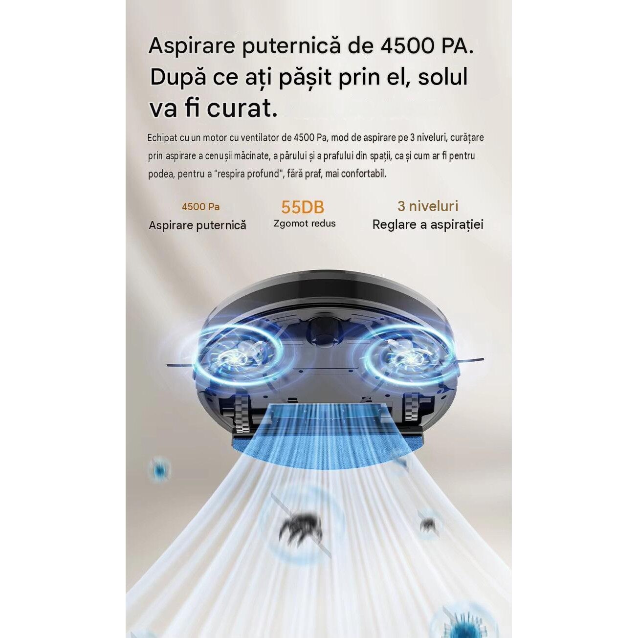 Robot aspirator LiDAR Arvada® SmartClean A8S, aspirare si mop 3 in 1, 4500 Pa, Wi-Fi, aplicatie Tuya, baterie 5200 mAh, autonomie 90–120 min, Negru