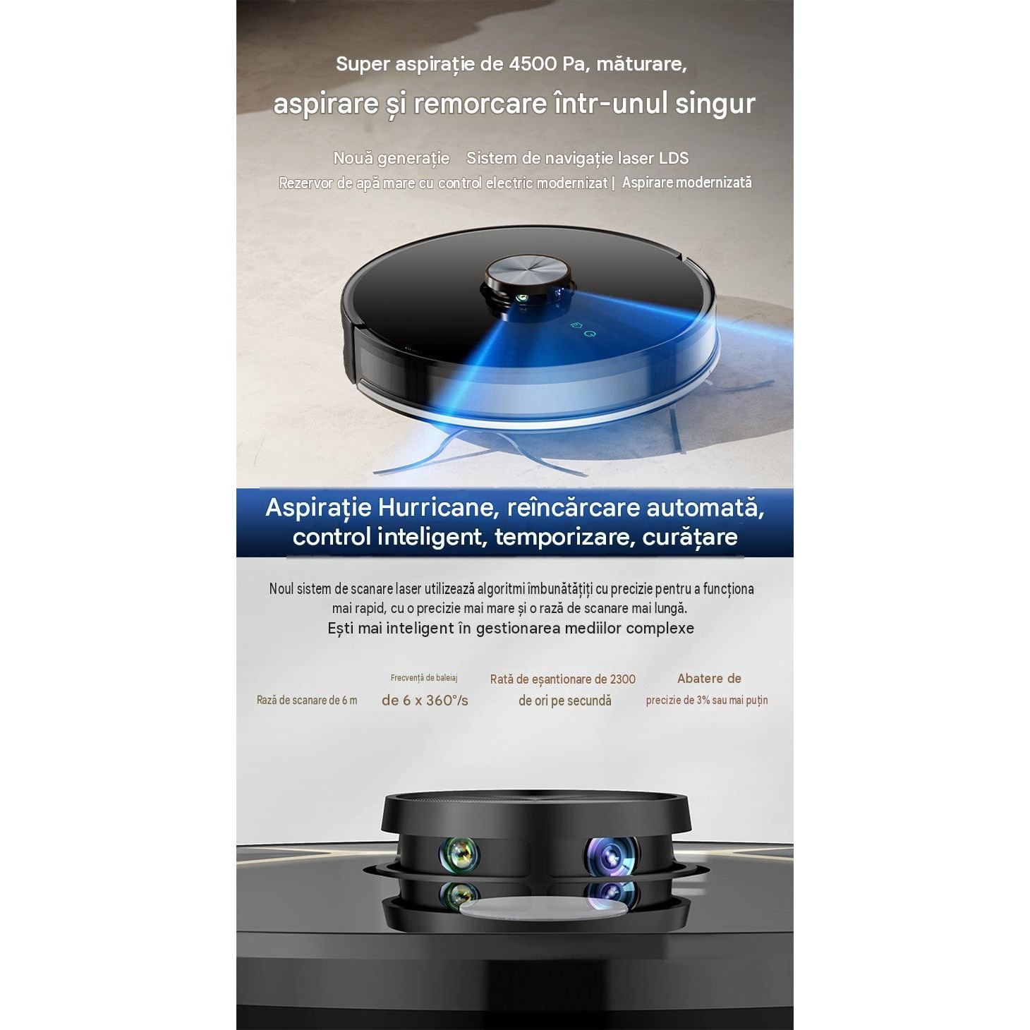 Robot aspirator LiDAR Arvada® SmartClean A8S, aspirare si mop 3 in 1, 4500 Pa, Wi-Fi, aplicatie Tuya, baterie 5200 mAh, autonomie 90–120 min, Negru