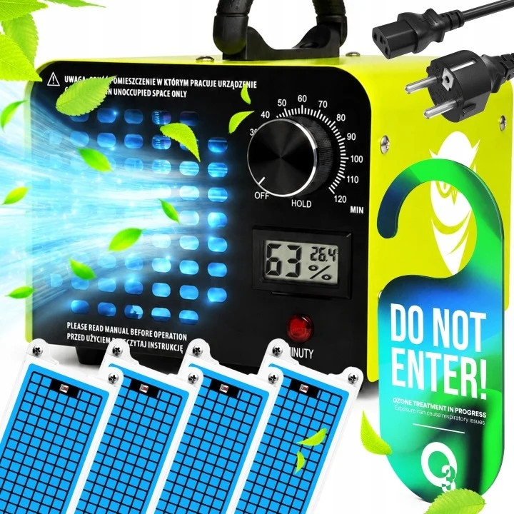 Генератор на озон NewEvo, 70.000 mg/h, Професионален озонатор 155W с LCD и таймер 120 мин, 4 керамични плочи, за премахване на упорити миризми от дома, колата и офиса, жълт