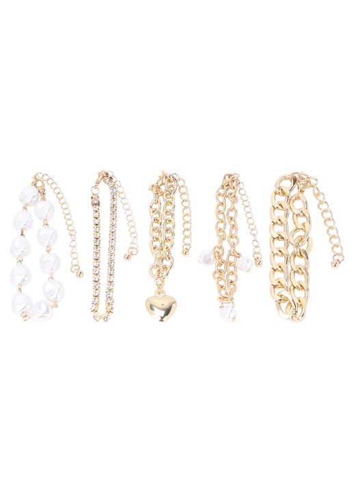 Set de 5 bratari elegante, perle artificiale, inima, aliaj, reglabile, bratara hip hop la moda, aur