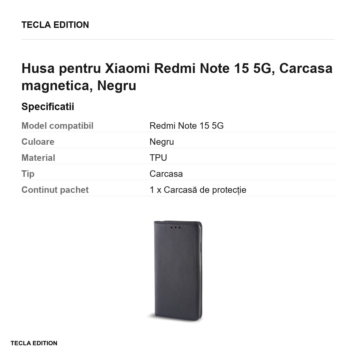 Husa Smart Magnet pentru Xiaomi Redmi Note 15 5G, tip carte cu inchidere magnetica, Negru