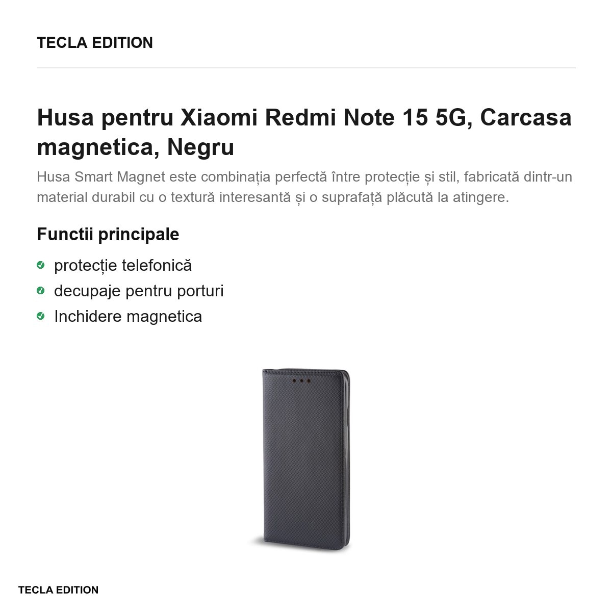 Husa Smart Magnet pentru Xiaomi Redmi Note 15 5G, tip carte cu inchidere magnetica, Negru