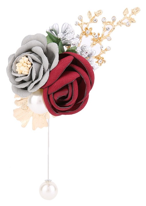 Brosa corsaj floare artificiala din textil cu perle si accente aurii, handmade, rosu vin/gri, 12.5 x 9 cm