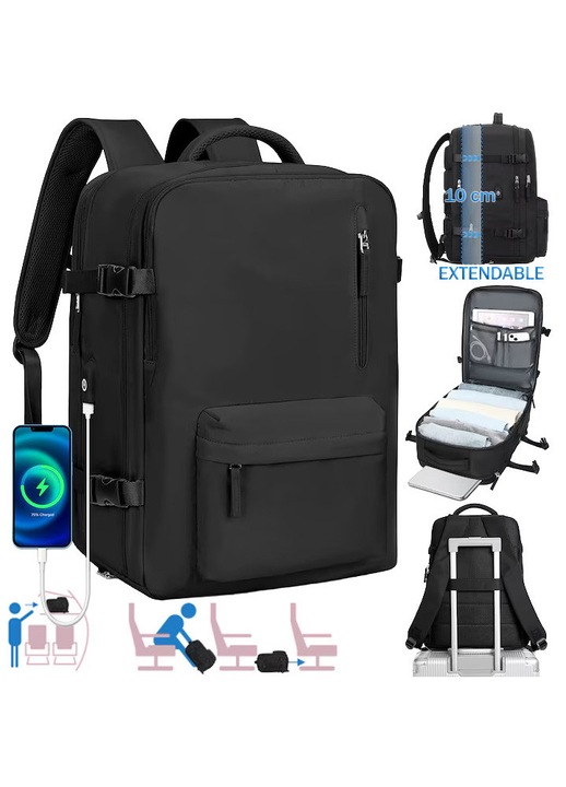 Rucsac Calatorie, erucsac®, Compatibil Wizz Air si Ryanair 43x30x20 cm, Port Incarcare USB, Impermeabil, Bagaj de Mana pentru Avion, Anti-transpiratie, Ghiozdan Voiaj, Laptop 15.6 inch, Haine, Accesorii, Capacitate Mare 26 - 39 L, Unisex, Negru