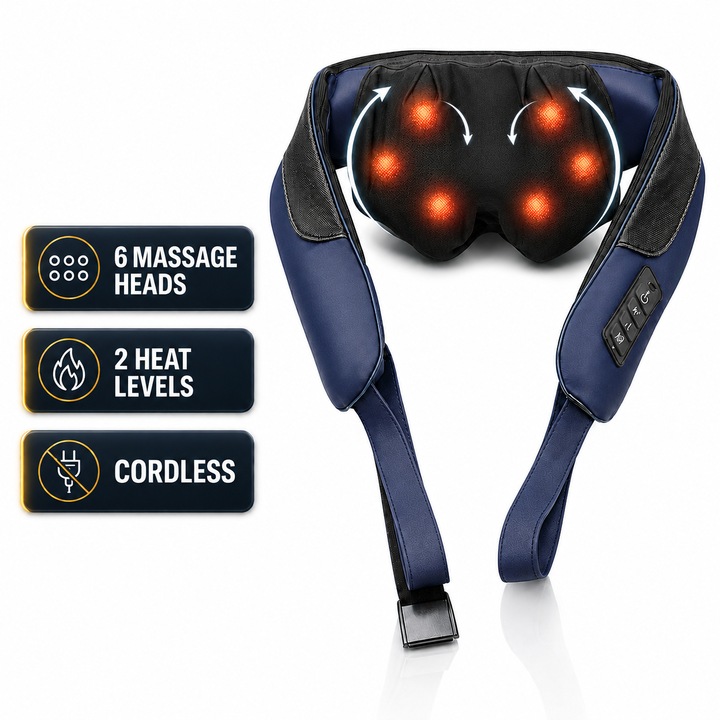Aparat Masaj Cervical LittleDomi, 6 Capete Shiatsu pentru Gat, Umeri si Trapez, Framantare 3D cu Incalzire in 2 Trepte 40-45 Grade, Fara Fir cu Incarcare USB-C, Autonomie 90 Minute, Curele cu Catarama pentru Purtare pe Spate, Husa Detasabila, Bleumarin
